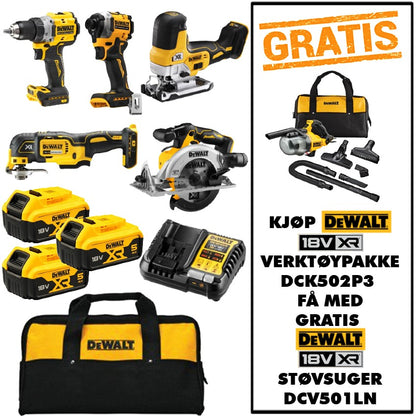 18V XR Verktøypakke DCK502P3 + Gratis 18V XR Støvsuger DCV501LN